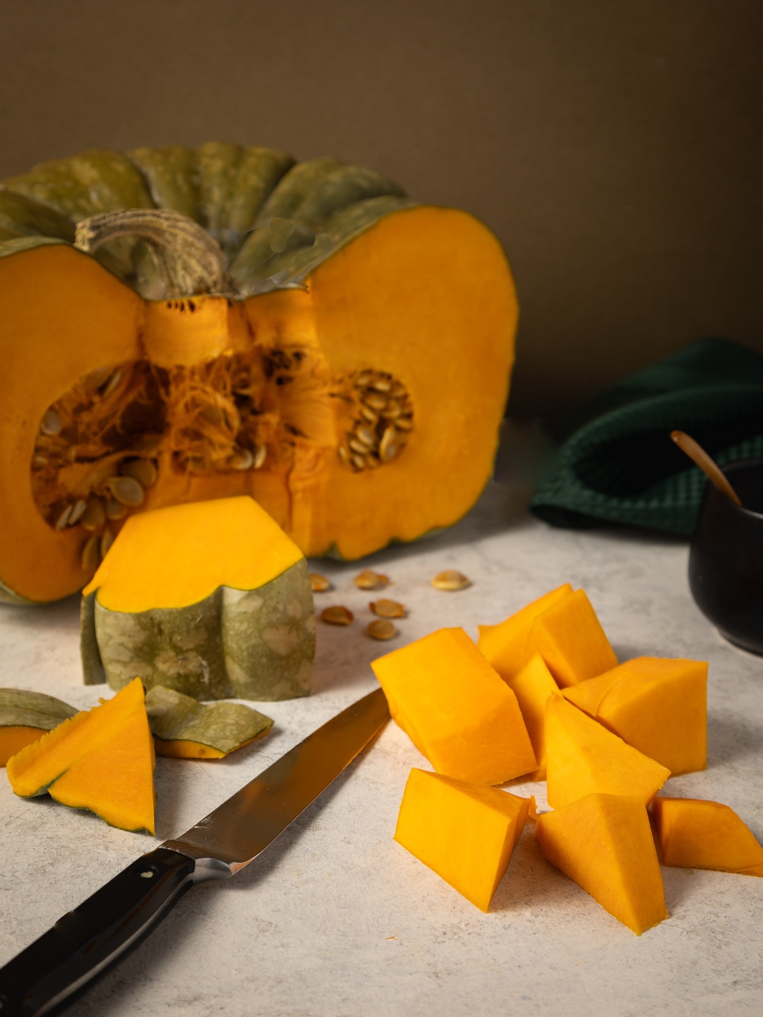 Photograph of Pumkin being cut and prepared in Yarra Valley.