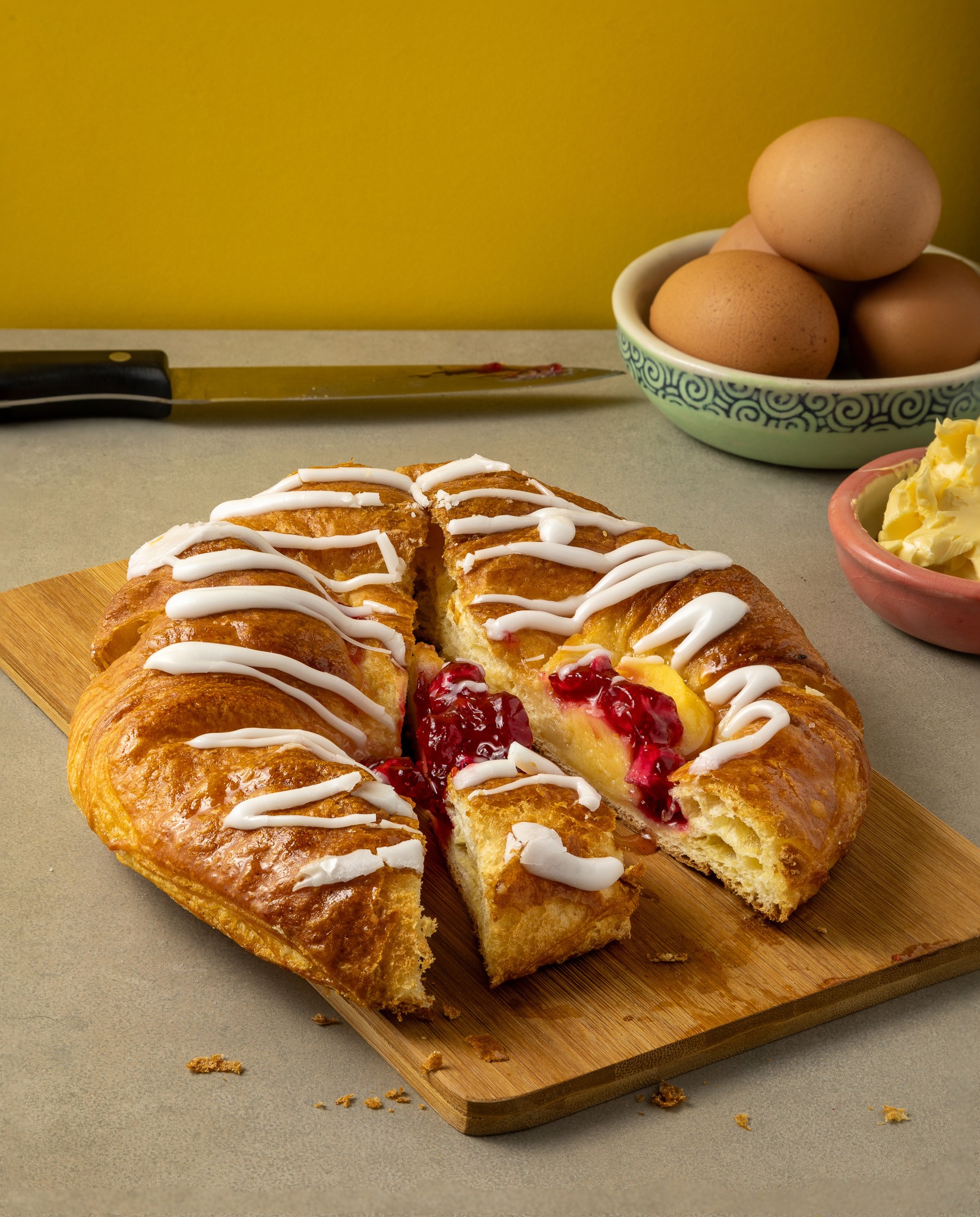 Photograph of sweet berry pastry on cutting board ready to be served.